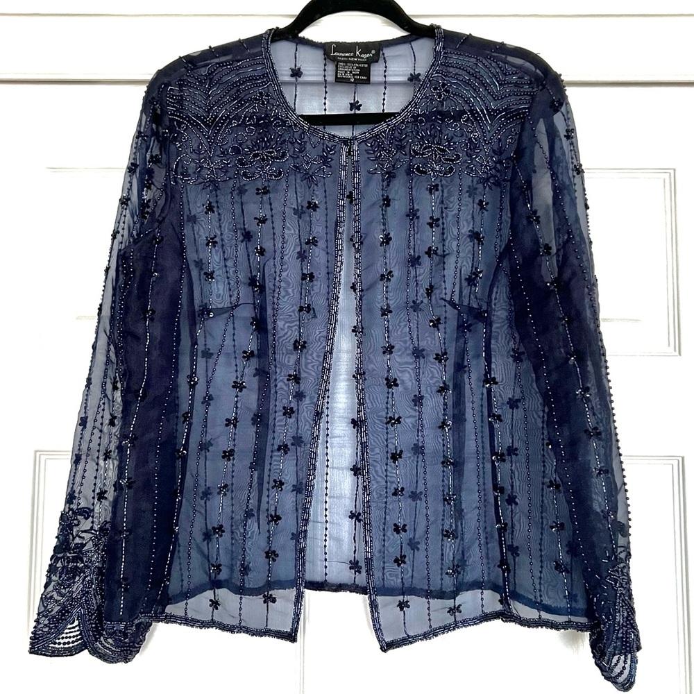 Laurence Kazar Bead Work Embroidered Bolero Jacket Size 12 Navy Blue
